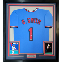 Framed Facsimile Autographed Ozzie Smith 35x39 St. Louis Blue Reprint Laser Auto Baseball Jersey (ONLINE ORDER ONLY)