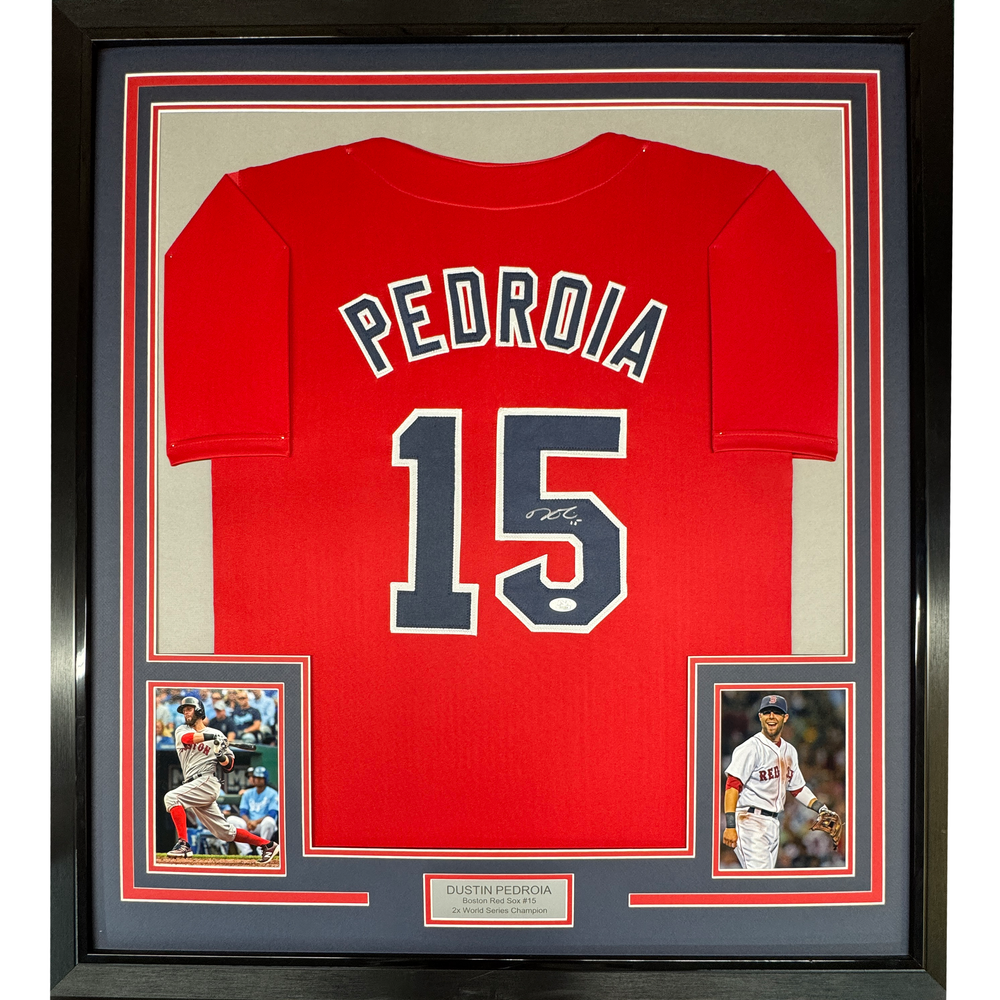 Framed Autographed/Signed Dustin Pedroia 35x39 Boston Red Baseball Jersey JSA COA