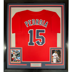 Framed Autographed/Signed Dustin Pedroia 35x39 Boston Red Baseball Jersey JSA COA