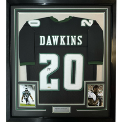 Framed Facsimile Autographed Brian Dawkins 35x39 Philadelphia Black Reprint Laser Auto Football Jersey (ONLINE ORDER ONLY)