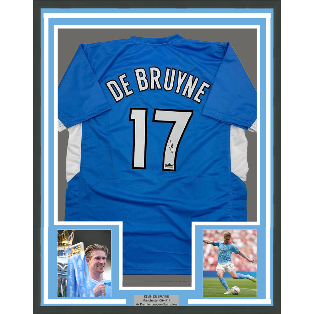 Framed Facsimile Autographed Kevin De Bruyne 35x39 Manchester City Blue Reprint Laser Auto Soccer Jersey (ONLINE ORDER ONLY)