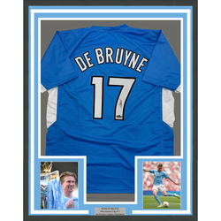 Framed Facsimile Autographed Kevin De Bruyne 35x39 Manchester City Blue Reprint Laser Auto Soccer Jersey (ONLINE ORDER ONLY)