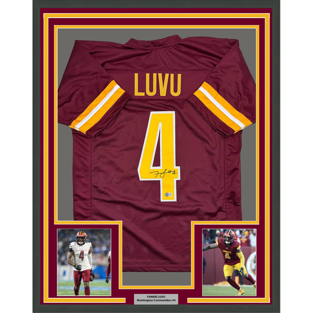 Framed Autographed/Signed Frankie Luvu 35x38 Washington Burgundy Football Jersey Beckett BAS COA (ONLINE ORDER ONLY)