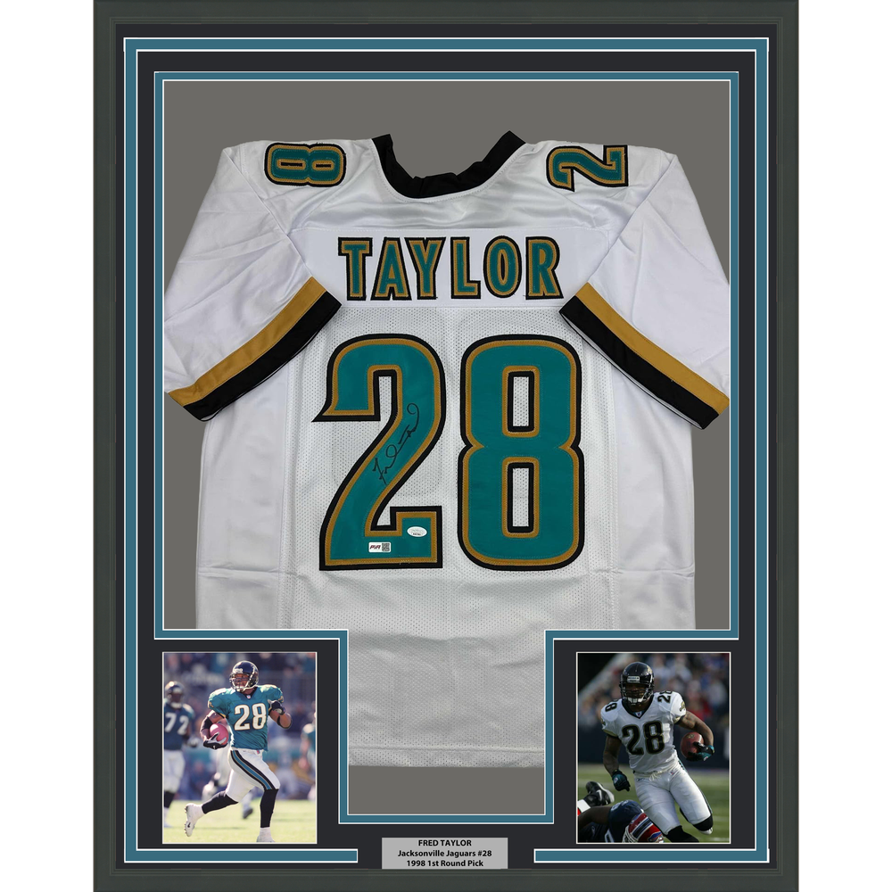Framed Autographed/Signed Fred Taylor 35x39 Jacksonville White Football Jersey JSA COA