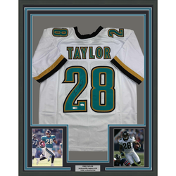 Framed Autographed/Signed Fred Taylor 35x39 Jacksonville White Football Jersey JSA COA