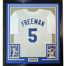 Framed Facsimile Autographed Freddie Freeman 35x39 Los Angeles LA White Reprint Laser Auto Baseball Jersey (ONLINE ORDER ONLY)