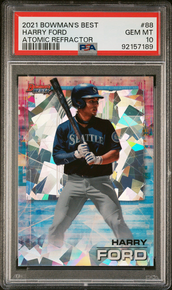 Graded 2021 Topps Bowmans Best Harry Ford #88 Atomic Refractor Rookie RC Baseball Card PSA 10 Gem Mint (ONLINE ORDER ONLY)