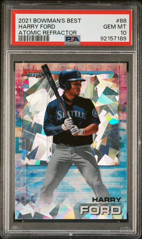 Graded 2021 Topps Bowmans Best Harry Ford #88 Atomic Refractor Rookie RC Baseball Card PSA 10 Gem Mint (ONLINE ORDER ONLY)