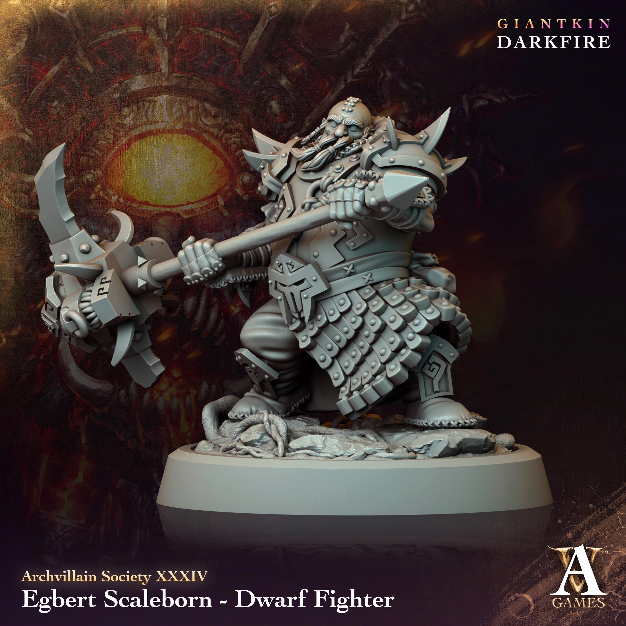 3D Printed Archvillain Games Egbert Scaleborn Dwarf Fighter Archvillain Society Vol. XXXIV 28 32mm D&D (Online Only)