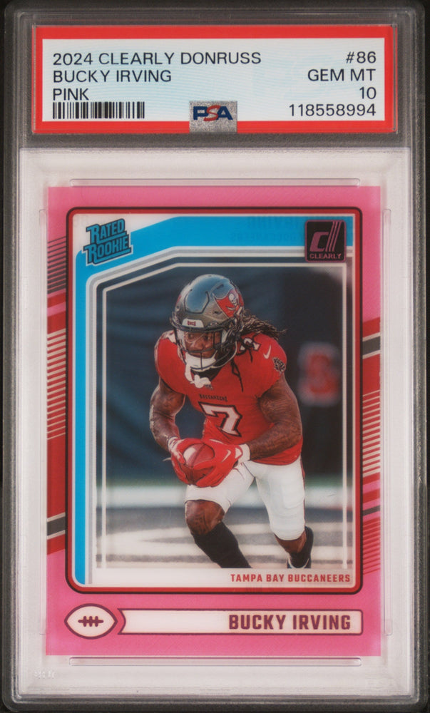 Graded 2024 Panini Clearly Donruss Bucky Irving #86 Pink Rookie RC Football Card PSA 10 Gem Mint (ONLINE ORDER ONLY)