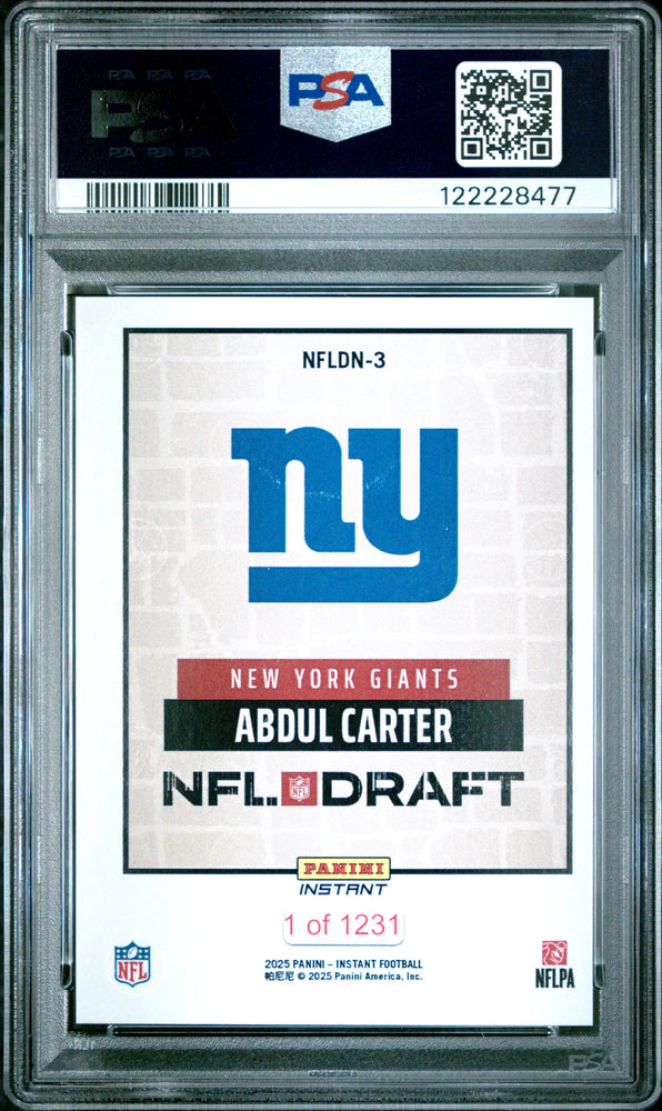 Graded 2025 Panini Instant Abdul Carter #NFLDN3 NFL Draft Night Rookie RC Football Card PSA 8 Near Mint (ONLINE ORDER ONLY)