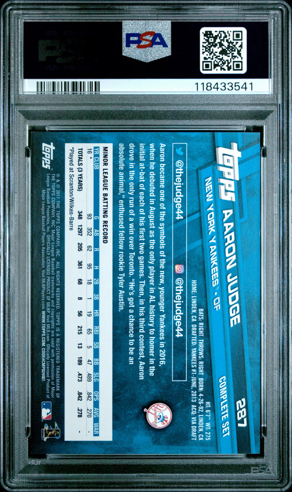 Graded 2017 Topps Complete Set Aaron Judge #287 Exclusives Running Rookie RC Baseball Card PSA 10 Gem Mint (ONLINE ORDER ONLY)
