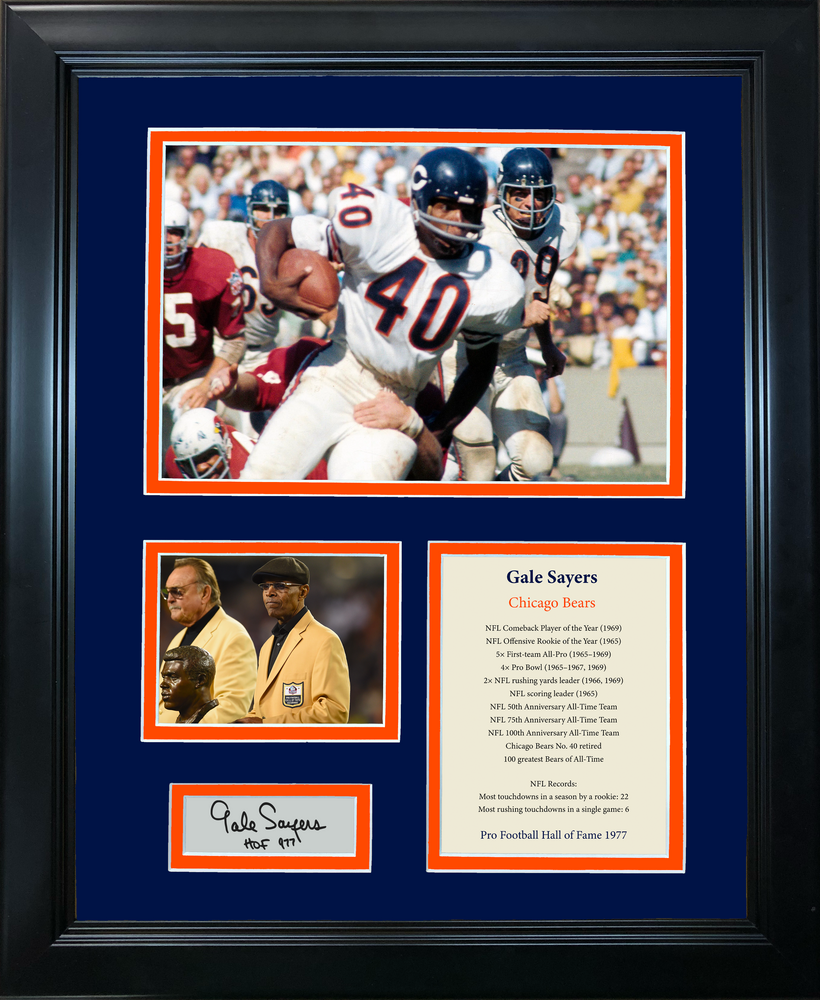 Framed Gale Sayers Hall of Fame Facsimile Laser Engraved Signature Auto Chicago Bears 11"x14" Photo Sig Collage (ONLINE ORDER ONLY)