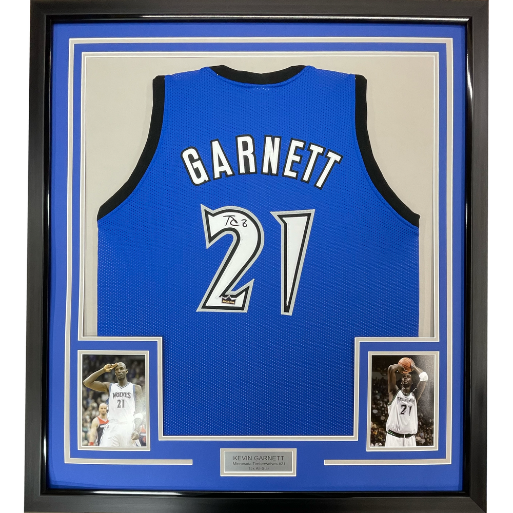 Framed Facsimile Autographed Kevin Garnett 35x39 Minnesota Blue Reprint Laser Auto Basketball Jersey (ONLINE ORDER ONLY)