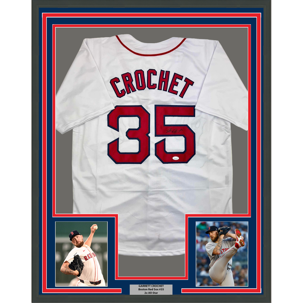 Framed Autographed/Signed Garrett Crochet 35x39 Boston White Baseball Jersey JSA COA (ONLINE ORDER ONLY)