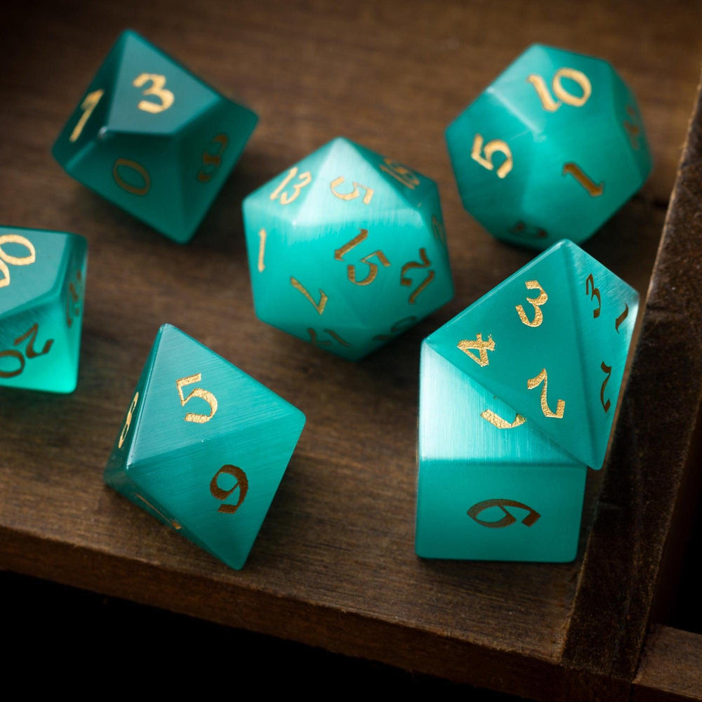 Gemstone Aquamarine Cats Eye Stone Hand Carved DND Dice Set (ONLINE ORDER ONLY)