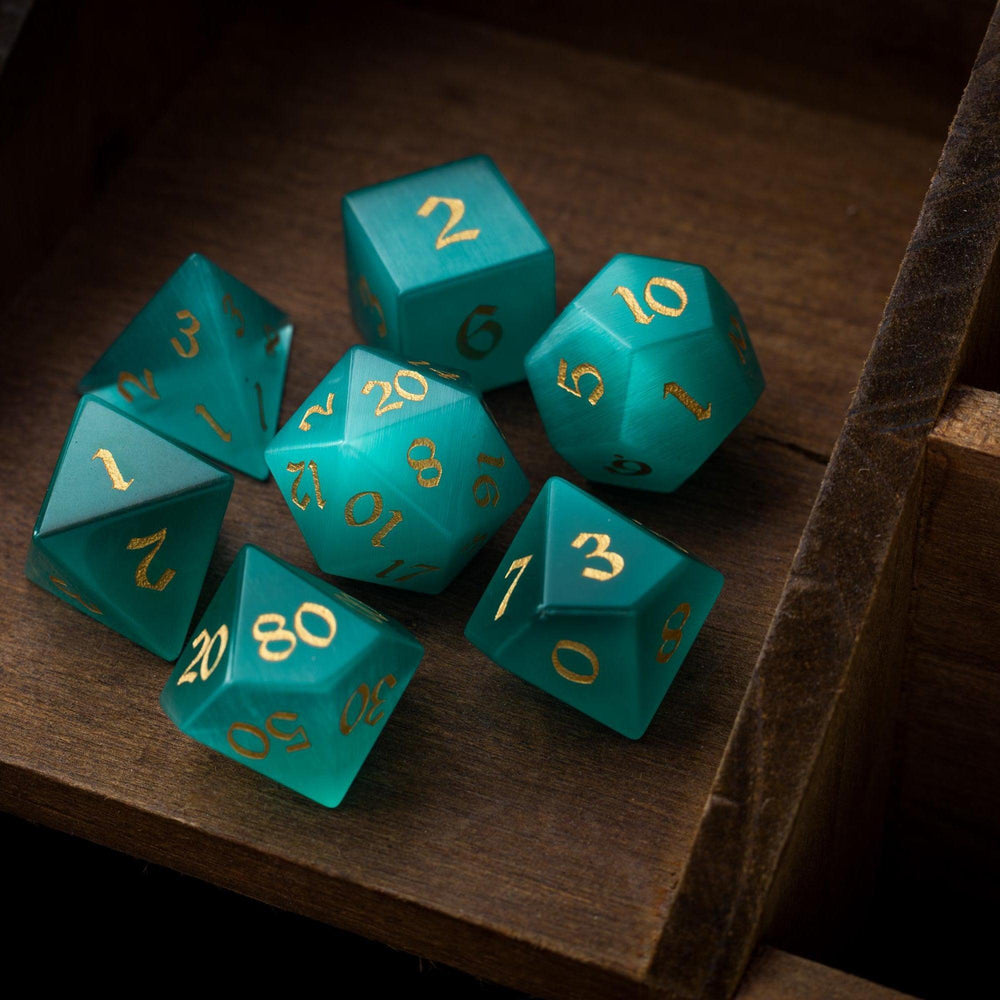 Gemstone Aquamarine Cats Eye Stone Hand Carved DND Dice Set (ONLINE ORDER ONLY)