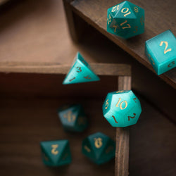 Gemstone Aquamarine Cats Eye Stone Hand Carved DND Dice Set (ONLINE ORDER ONLY)