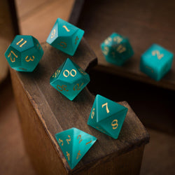 Gemstone Aquamarine Cats Eye Stone Hand Carved DND Dice Set (ONLINE ORDER ONLY)