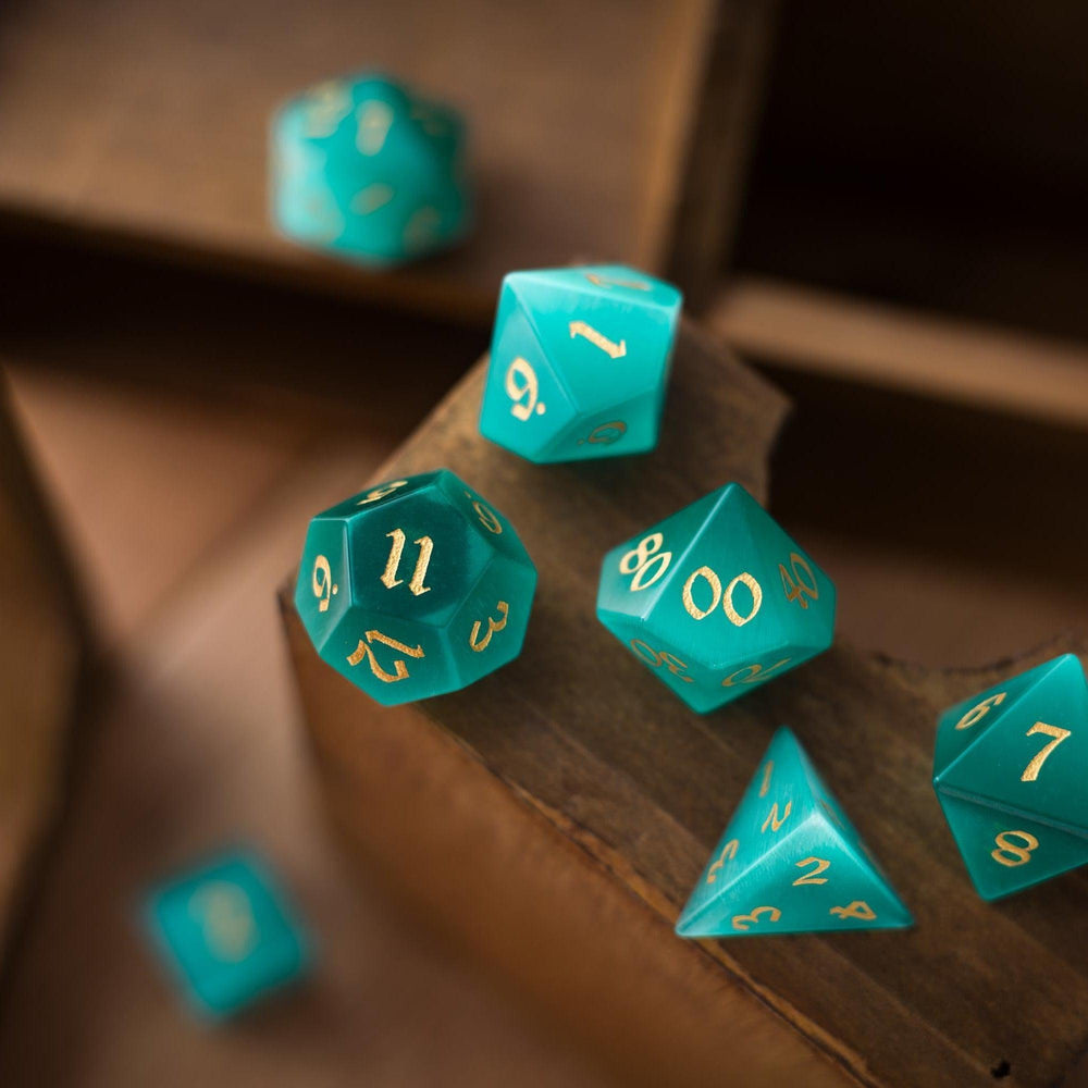 Gemstone Aquamarine Cats Eye Stone Hand Carved DND Dice Set (ONLINE ORDER ONLY)
