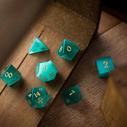 Gemstone Aquamarine Cats Eye Stone Hand Carved DND Dice Set (ONLINE ORDER ONLY)