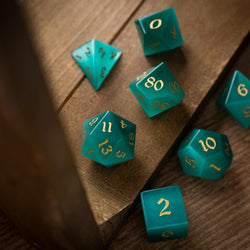 Gemstone Aquamarine Cats Eye Stone Hand Carved DND Dice Set (ONLINE ORDER ONLY)