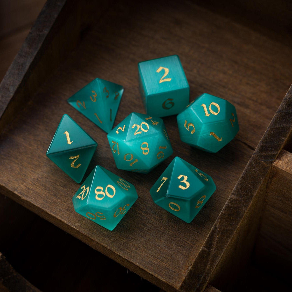 Gemstone Aquamarine Cats Eye Stone Hand Carved DND Dice Set (ONLINE ORDER ONLY)