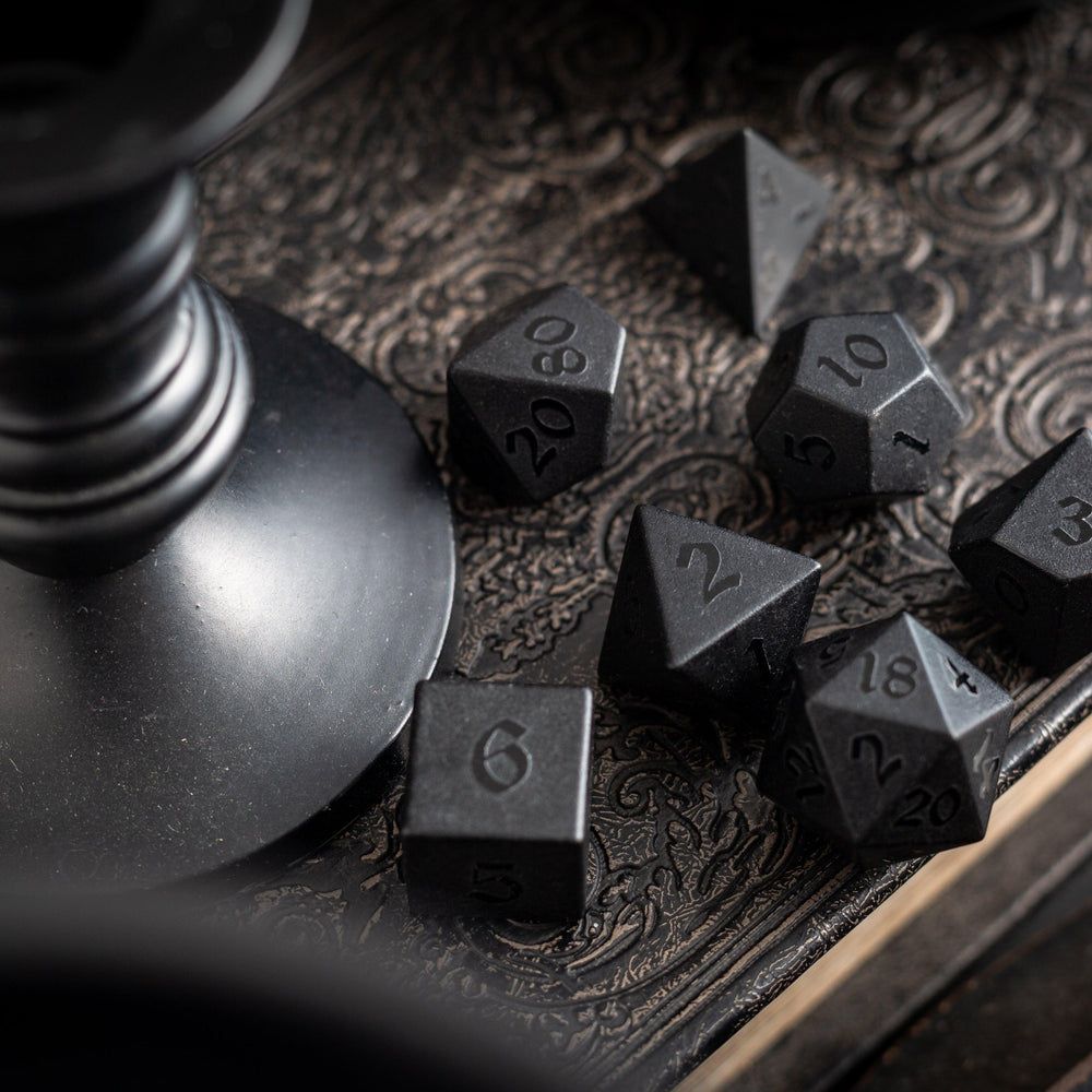 Gemstone Black Night Raised Obsidian Hand Carved DND Dice Set (ONLINE ORDER ONLY)
