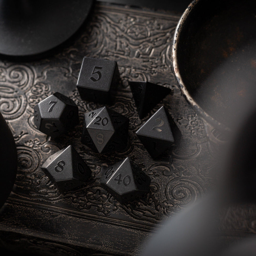 Gemstone Black Night Raised Obsidian Hand Carved DND Dice Set (ONLINE ORDER ONLY)