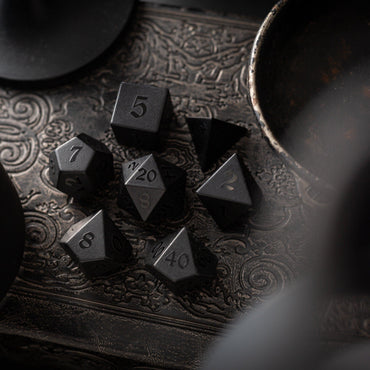 Gemstone Black Night Raised Obsidian Hand Carved DND Dice Set (ONLINE ORDER ONLY)