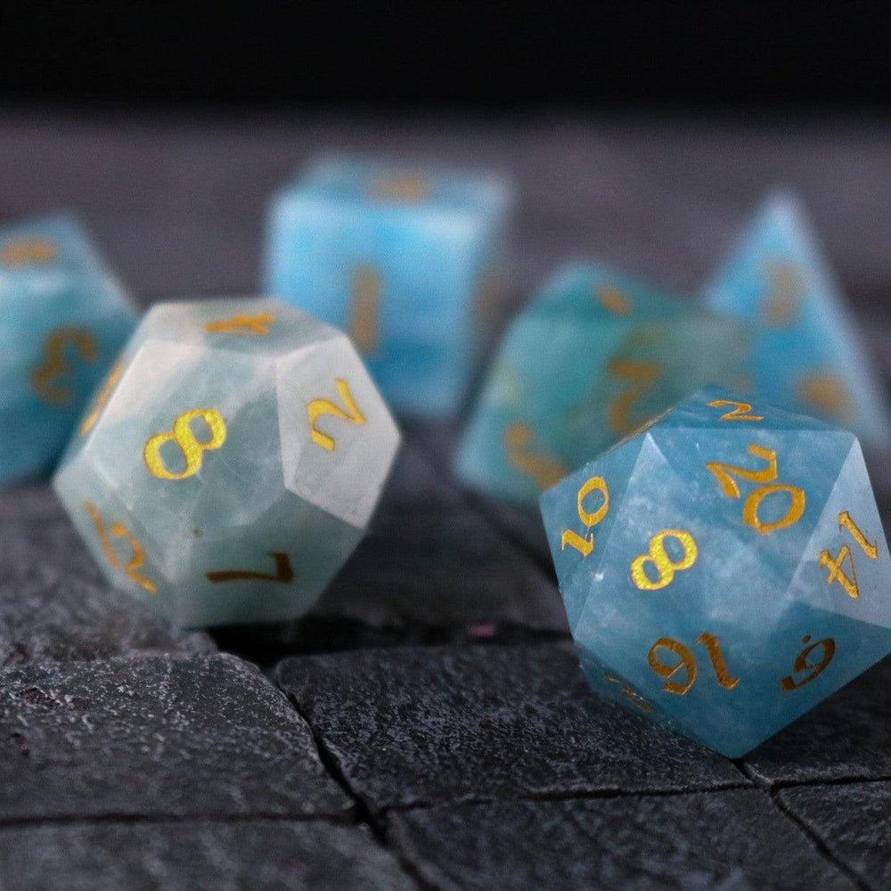 Gemstone Blue Aquamarine Stone Hand Carved DND Dice Set (ONLINE ORDER ONLY)