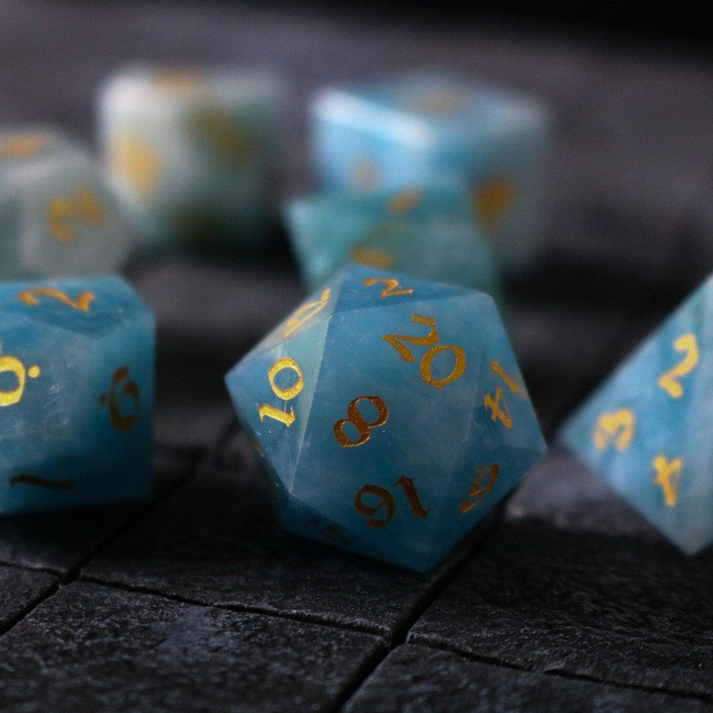 Gemstone Blue Aquamarine Stone Hand Carved DND Dice Set (ONLINE ORDER ONLY)