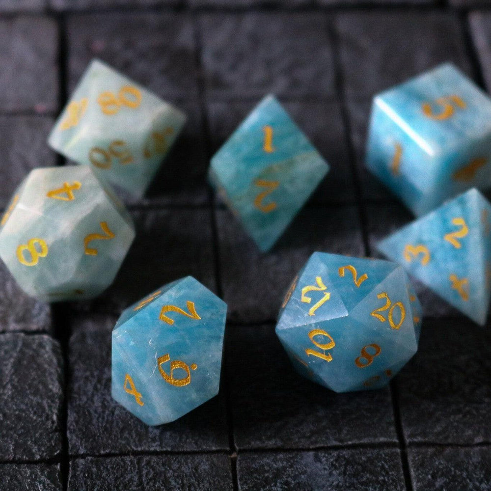 Gemstone Blue Aquamarine Stone Hand Carved DND Dice Set (ONLINE ORDER ONLY)