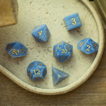 Gemstone Blue Lace Agate Eye Stone Hand Carved DND Dice Set (ONLINE ORDER ONLY)