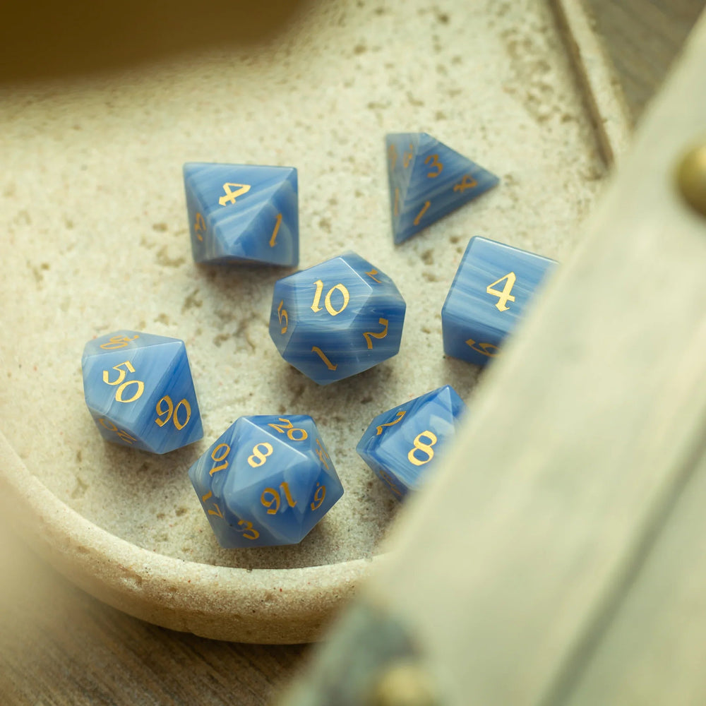 Gemstone Blue Lace Agate Eye Stone Hand Carved DND Dice Set (ONLINE ORDER ONLY)