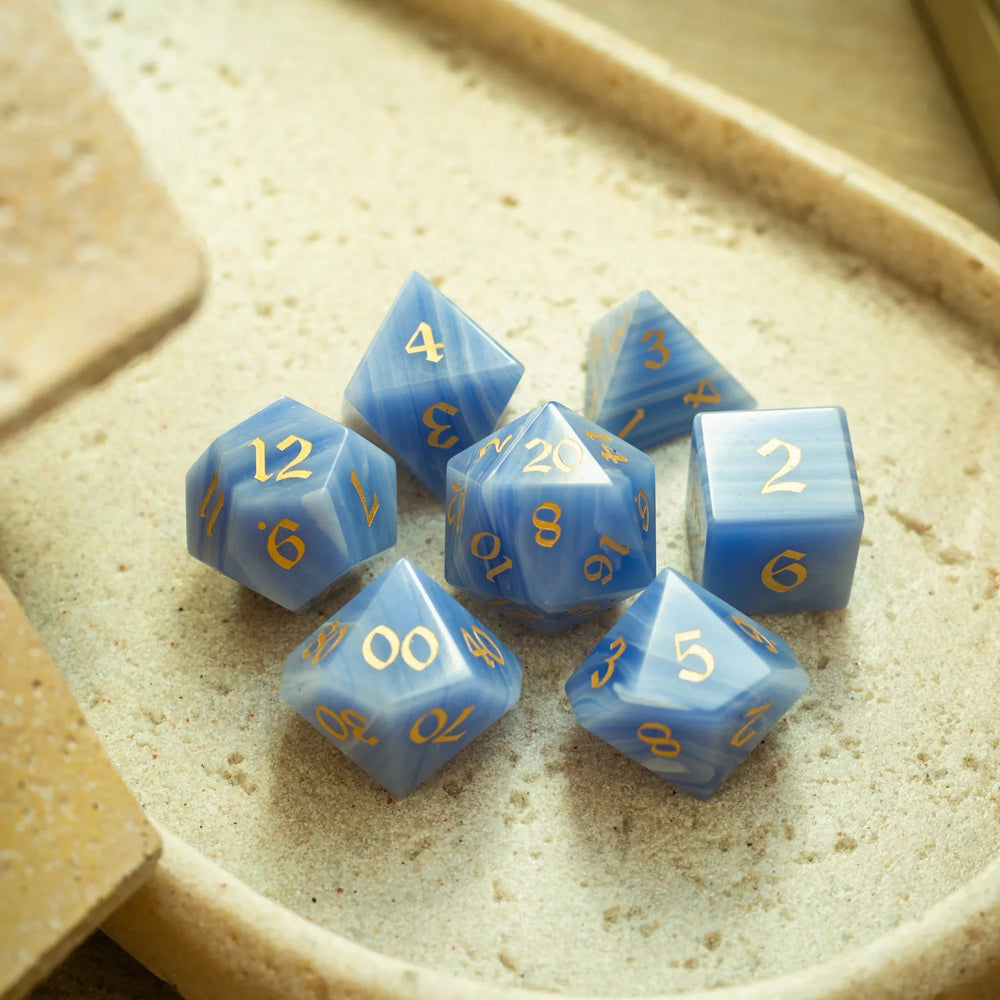 Gemstone Blue Lace Agate Eye Stone Hand Carved DND Dice Set (ONLINE ORDER ONLY)