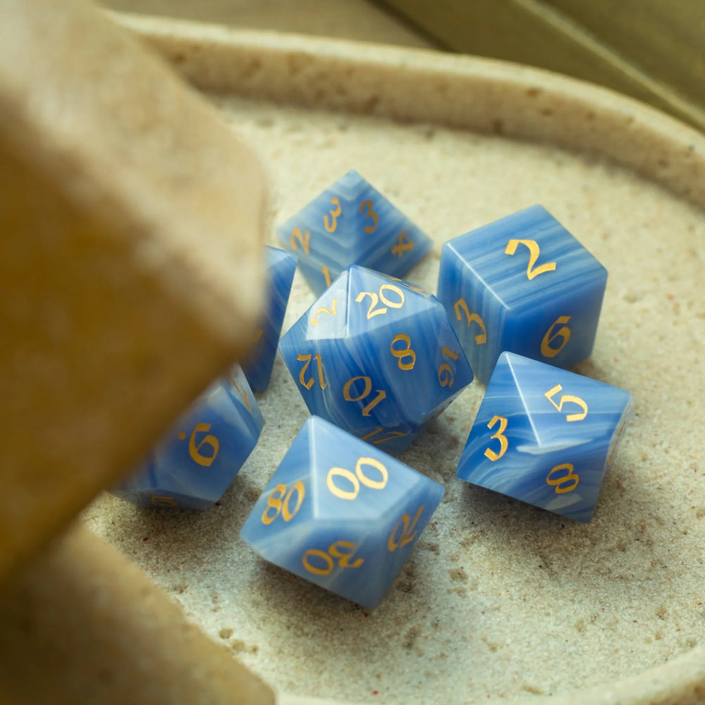 Gemstone Blue Lace Agate Eye Stone Hand Carved DND Dice Set (ONLINE ORDER ONLY)