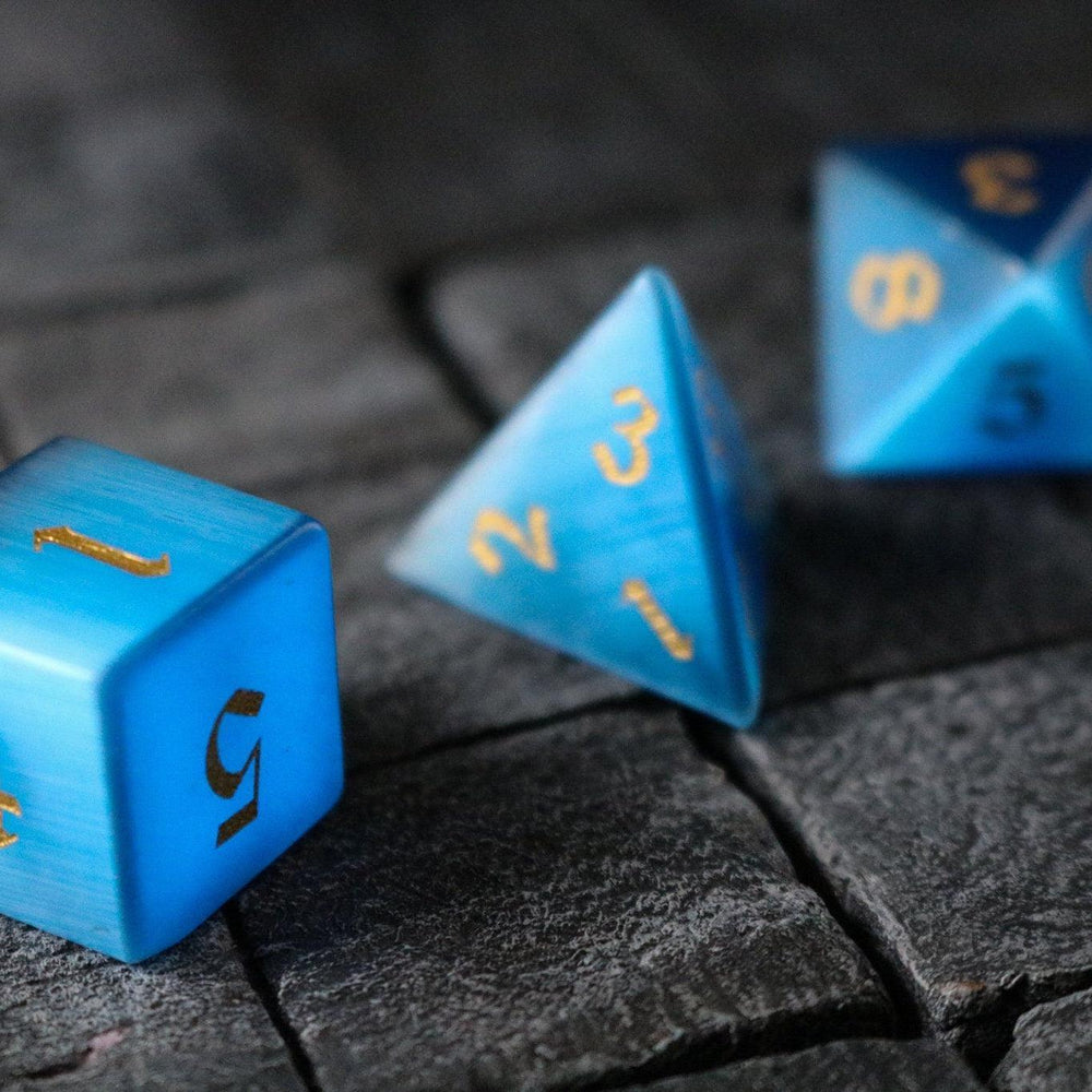 Gemstone Dark Blue Cats Eye Stone Hand Carved DND Dice Set (ONLINE ORDER ONLY)