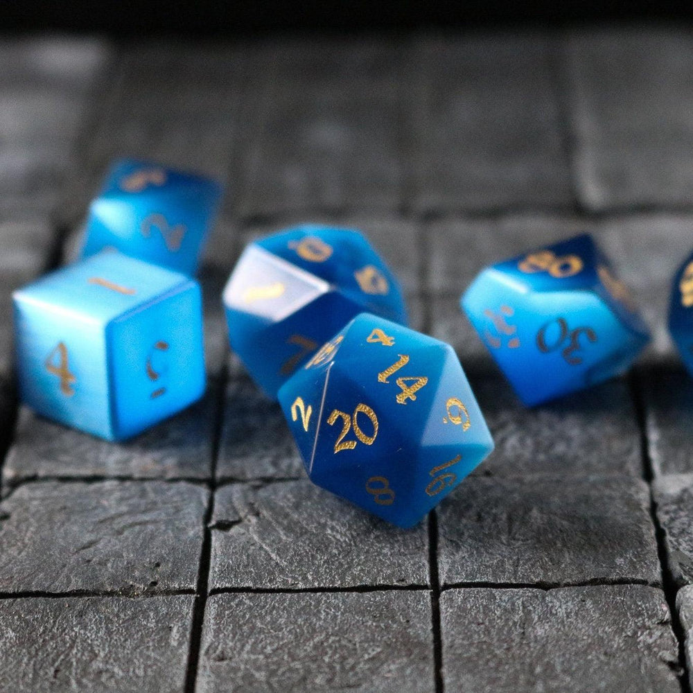 Gemstone Dark Blue Cats Eye Stone Hand Carved DND Dice Set (ONLINE ORDER ONLY)