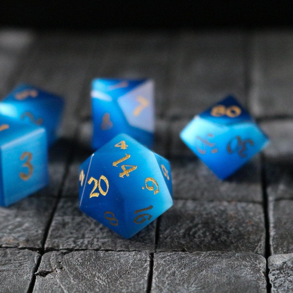 Gemstone Dark Blue Cats Eye Stone Hand Carved DND Dice Set (ONLINE ORDER ONLY)