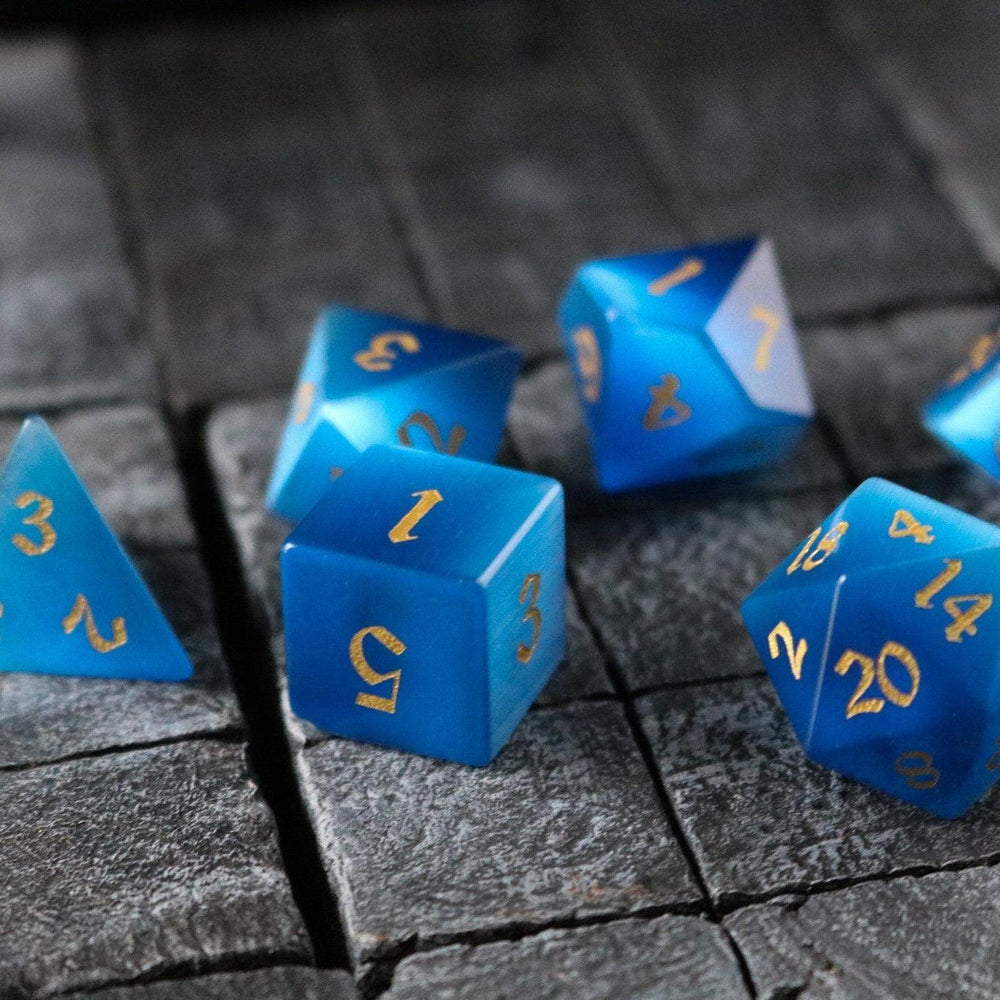 Gemstone Dark Blue Cats Eye Stone Hand Carved DND Dice Set (ONLINE ORDER ONLY)