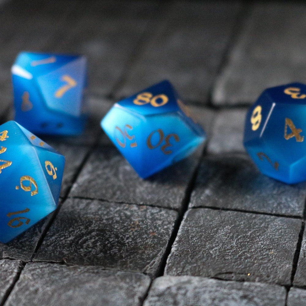 Gemstone Dark Blue Cats Eye Stone Hand Carved DND Dice Set (ONLINE ORDER ONLY)