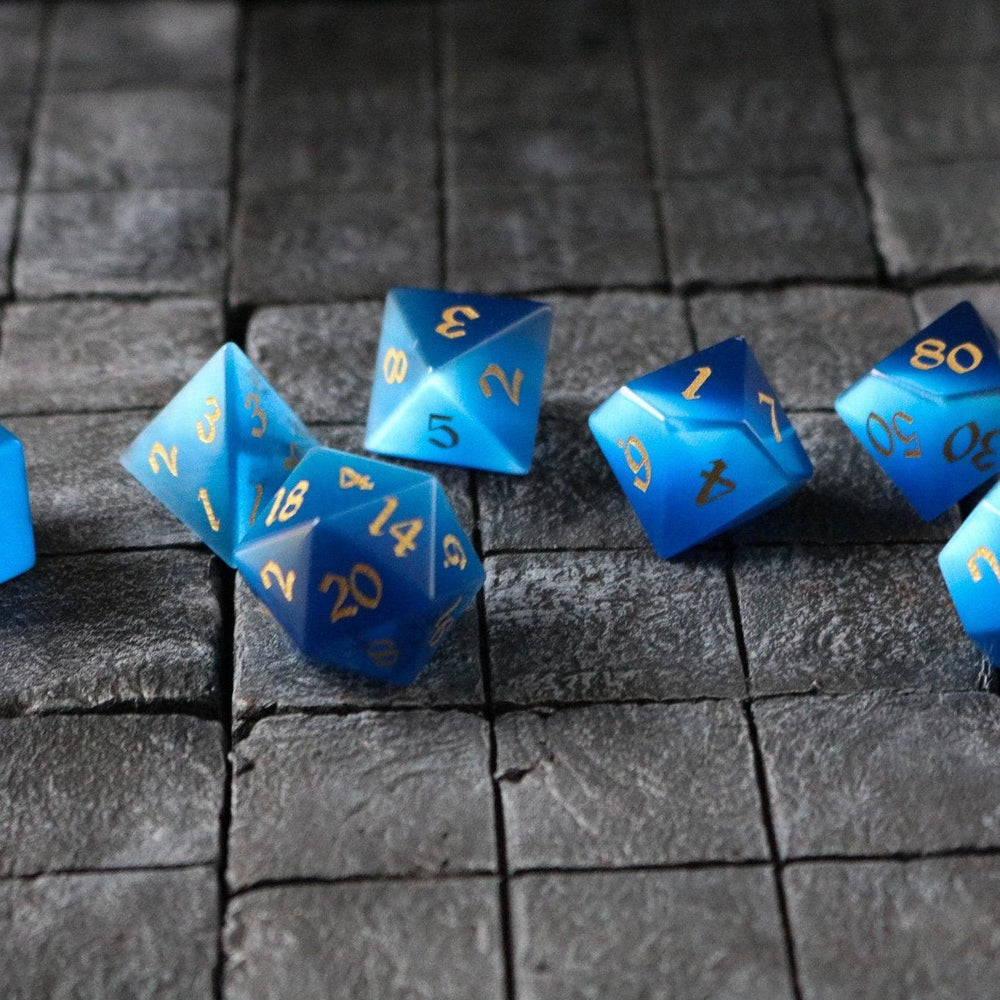 Gemstone Dark Blue Cats Eye Stone Hand Carved DND Dice Set (ONLINE ORDER ONLY)