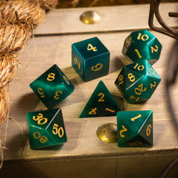 Gemstone Dark Green Cats Eye Stone Hand Carved DND Dice Set (ONLINE ORDER ONLY)