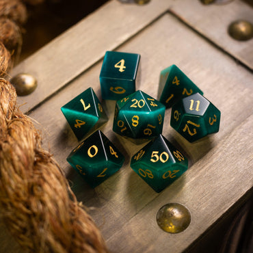Gemstone Dark Green Cats Eye Stone Hand Carved DND Dice Set (ONLINE ORDER ONLY)