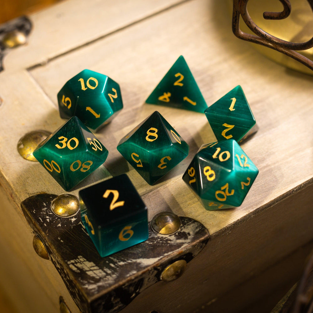 Gemstone Dark Green Cats Eye Stone Hand Carved DND Dice Set (ONLINE ORDER ONLY)