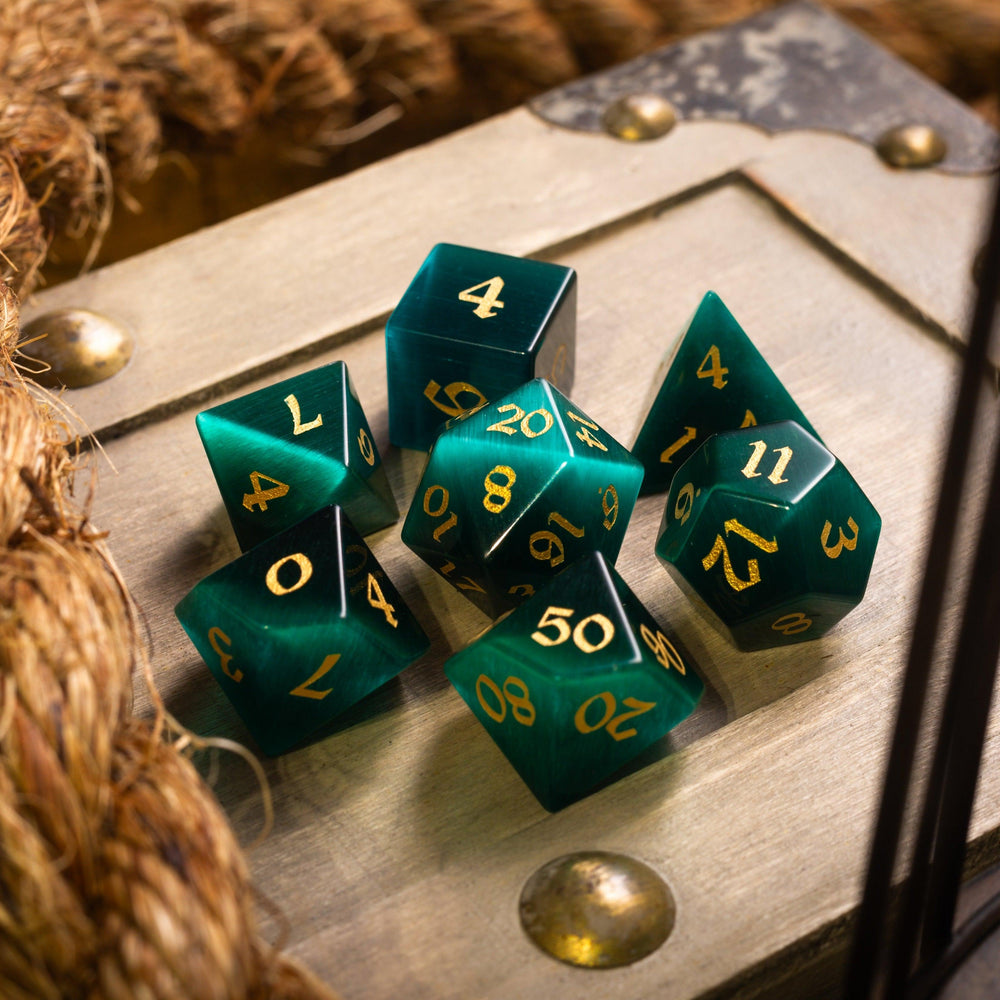 Gemstone Dark Green Cats Eye Stone Hand Carved DND Dice Set (ONLINE ORDER ONLY)