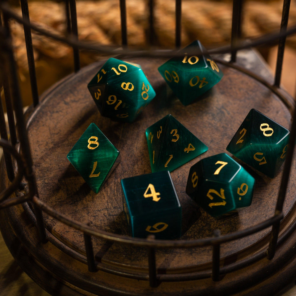Gemstone Dark Green Cats Eye Stone Hand Carved DND Dice Set (ONLINE ORDER ONLY)