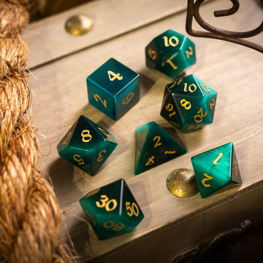 Gemstone Dark Green Cats Eye Stone Hand Carved DND Dice Set (ONLINE ORDER ONLY)