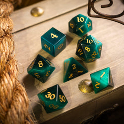 Gemstone Dark Green Cats Eye Stone Hand Carved DND Dice Set (ONLINE ORDER ONLY)